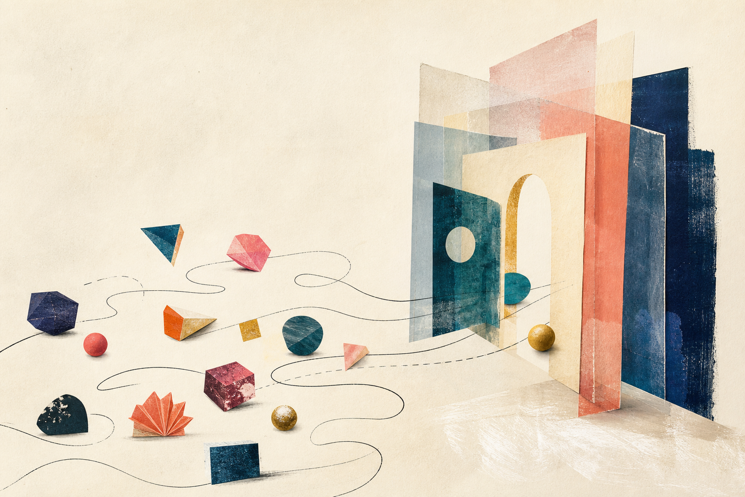 Nobody Knows What Earns Your Trust — Editorial Illustration Colorful abstract forms follow winding paths toward a layered paper threshold whose selection rules remain hidden.